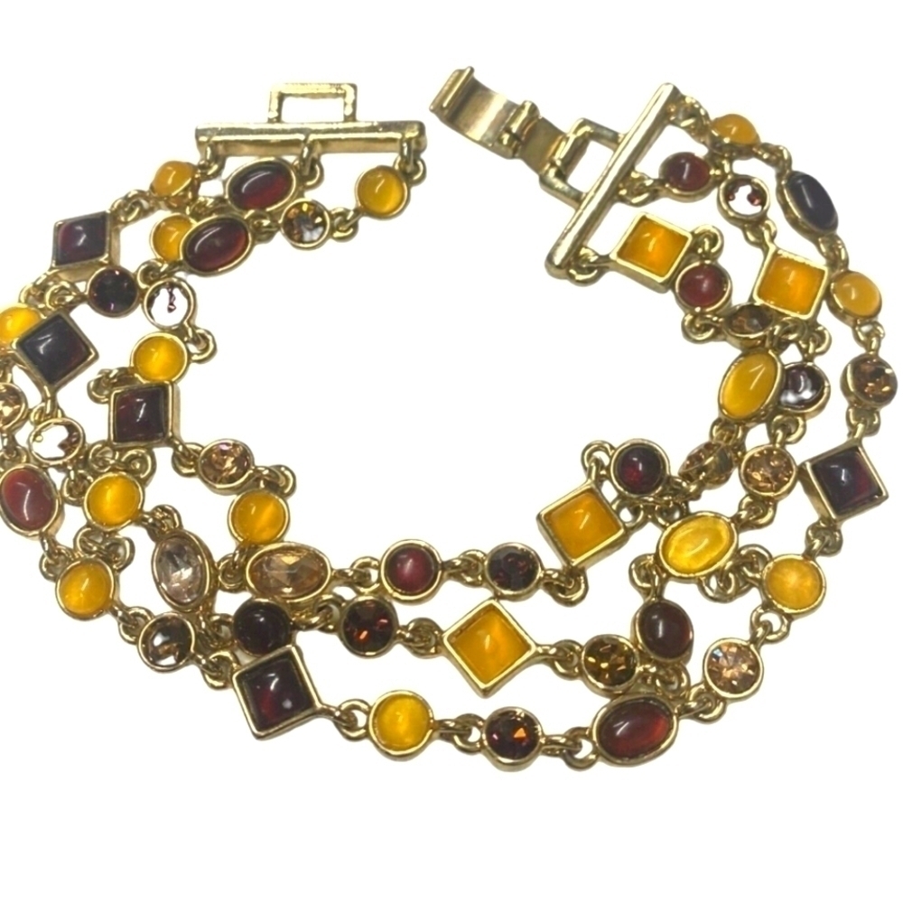 Amber Bracelet Multi Color Triple Strand Gold Tone 7 1/4” Crystal Accents